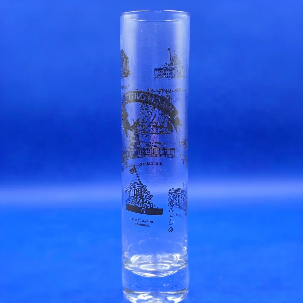 Washington DC Souvenir Shot Glass Tall Cylinder Landmarks Clear Black Graphics
